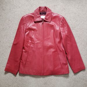 Vtg Liz Claiborne Red Genuine Leather Soft Full Zip Jacket Lined Pockets Large
